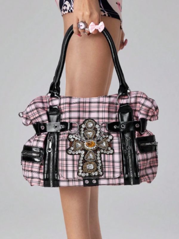 Pink tartan and rhinestone bag