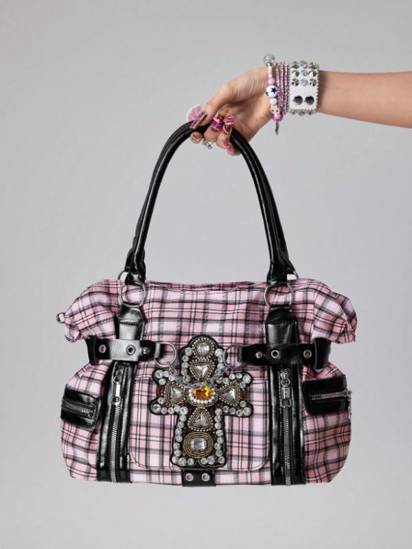 Pink tartan and rhinestone bag