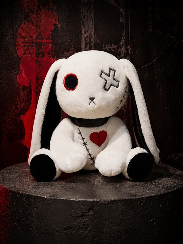 Reborn Rabbit Doll gothic plush toy with stitched face, floppy ears and red heart detail