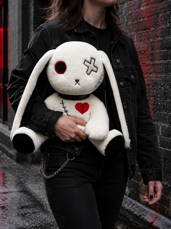 Person holding a 25 cm Reborn Rabbit Doll gothic plush toy in a black alternative fashion outfit