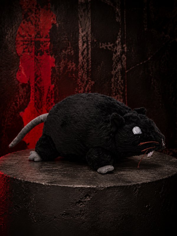 Black Rat Soft Toy plush with a long tail, realistic whiskers and small teeth on a dark gothic display
