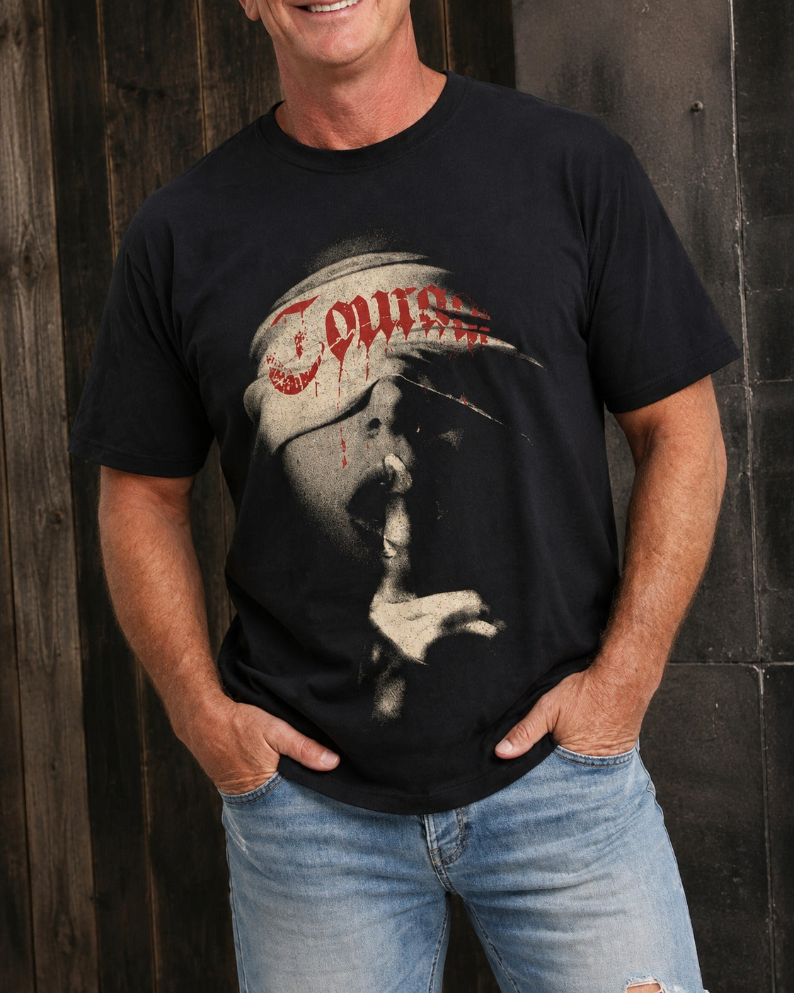 Close-up of the Courage T-shirt front graphic in cream and distressed red