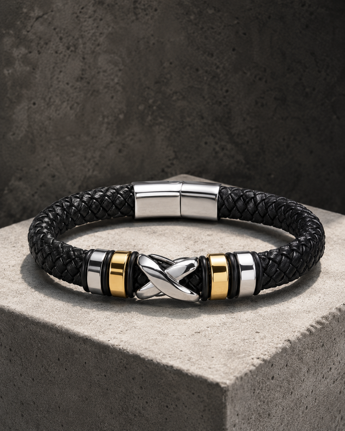 Criss Cross black braided leather bracelet with silver knot and gold accents