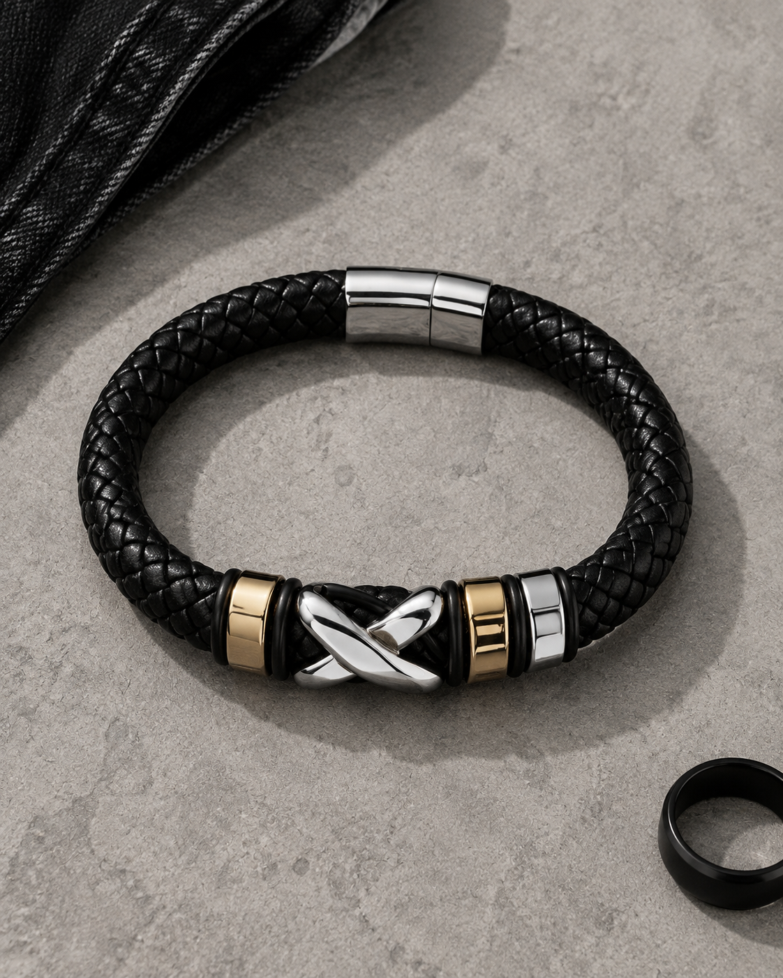 Criss Cross black braided leather bracelet flat lay with polished silver clasp