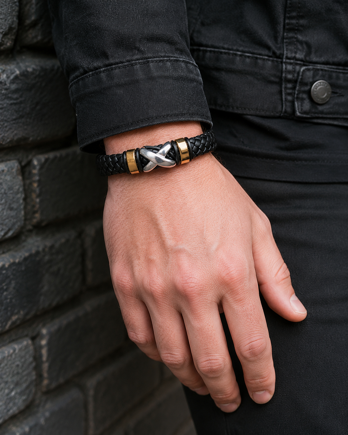 Criss Cross black braided leather bracelet worn on a man's wrist