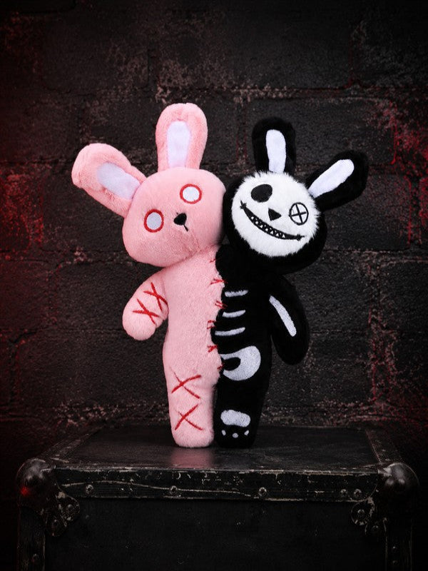 Double Headed Bunny gothic plush toy with pink stitched bunny and black skeleton bunny standing together