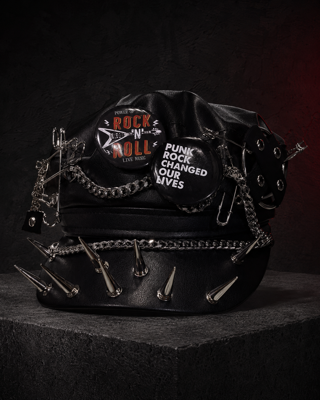 Black gothic cap with Rock N Roll and Punk Rock Changed Our Lives badges