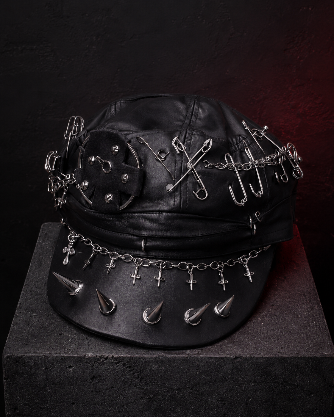 Black gothic PU leather cap with silver spikes, chains, safety pins and cross charms
