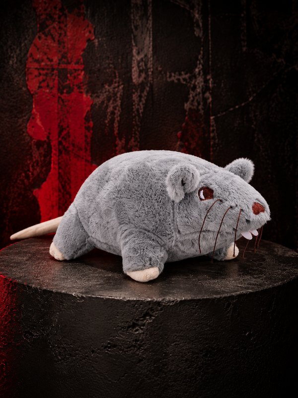 Gray Rat Soft Toy plush with a long tail, realistic whiskers and small teeth on a dark gothic display