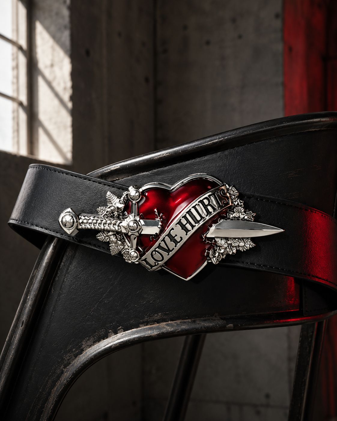 Close-up of the Love Hurts red heart and silver dagger buckle displayed on a black chair