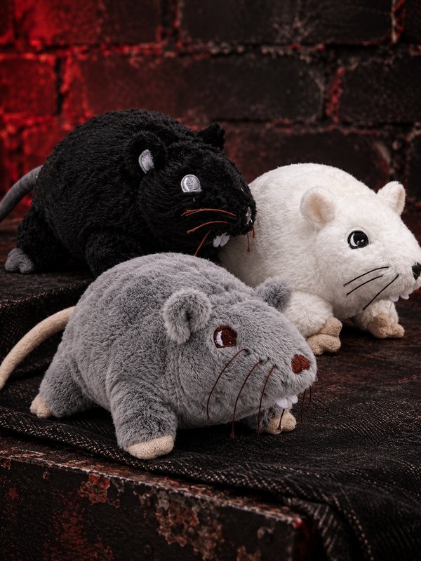 Black, white and gray Rat Soft Toy plush variants displayed together against a dark red gothic background