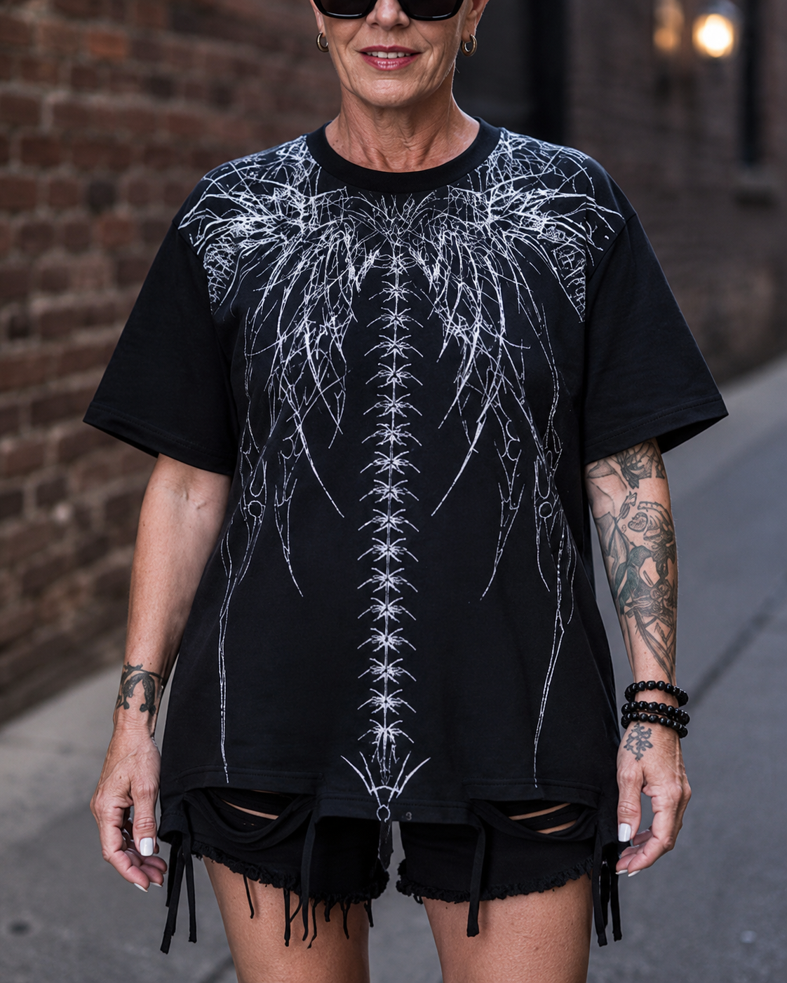 Close view of the white skeletal spine graphic and distressed tie hem on the black T-shirt