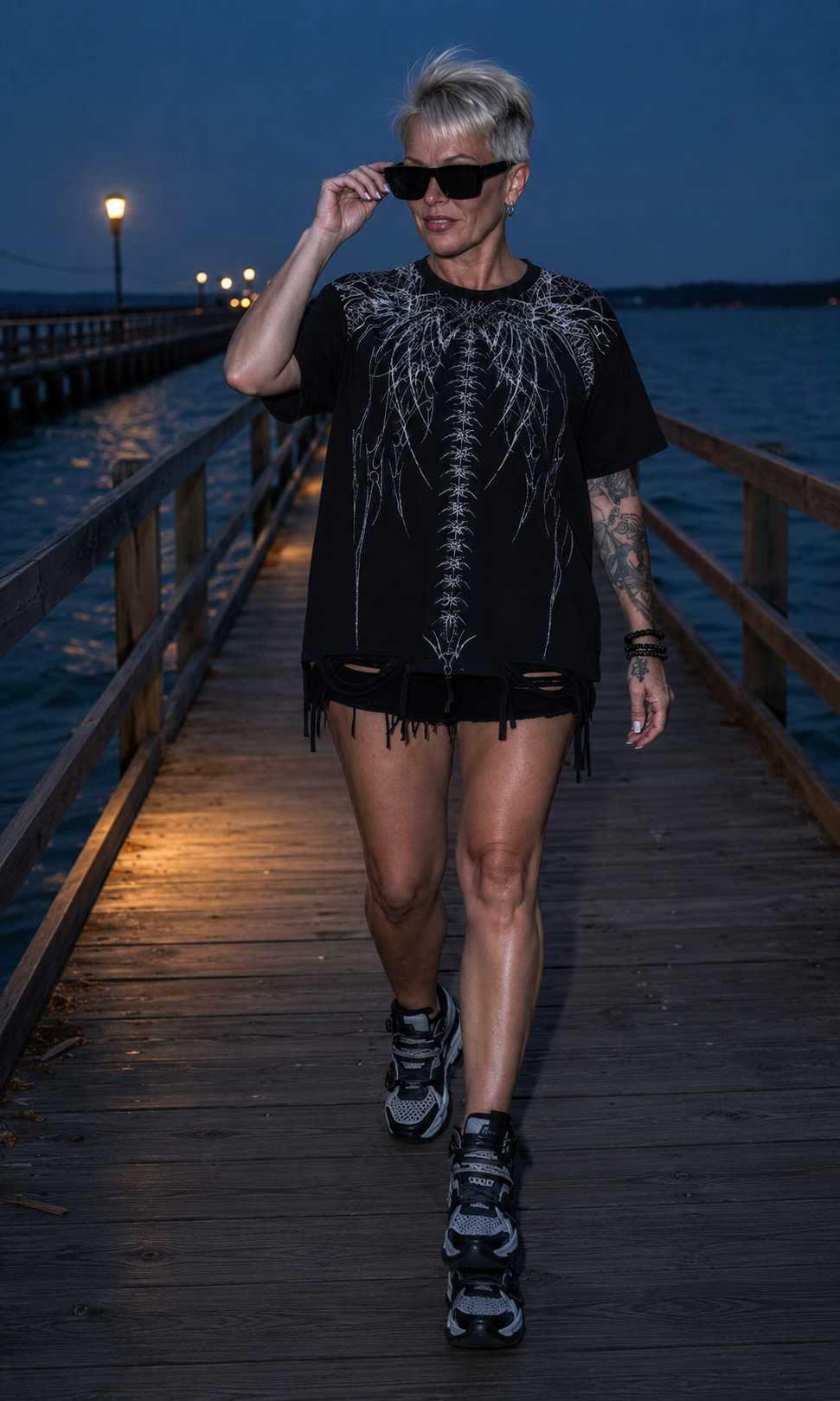 Woman wearing the black Spine Graphic Streetwear T-Shirt on a waterfront boardwalk