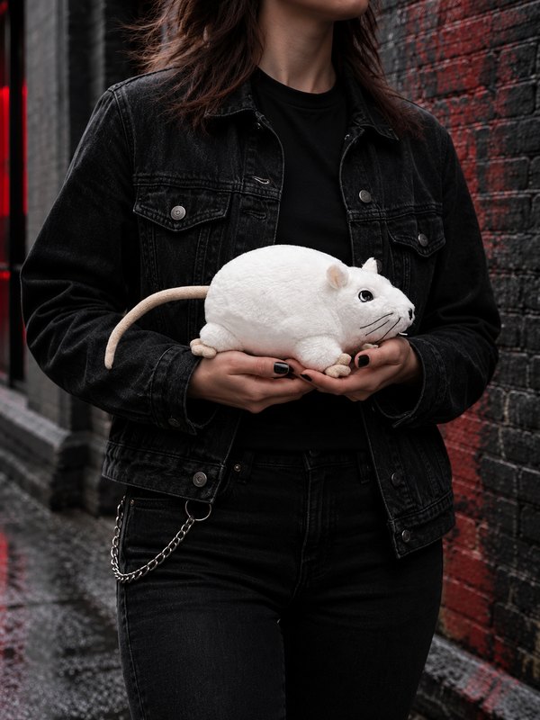 Person holding the white Rat Soft Toy plush, showing its approximately 20 cm size