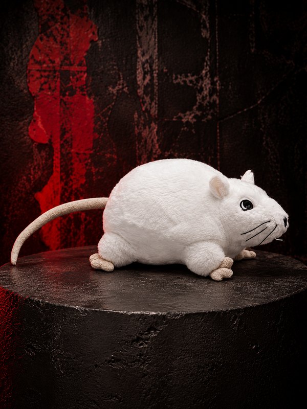 White Rat Soft Toy plush with a long tail, realistic whiskers and small teeth on a dark gothic display